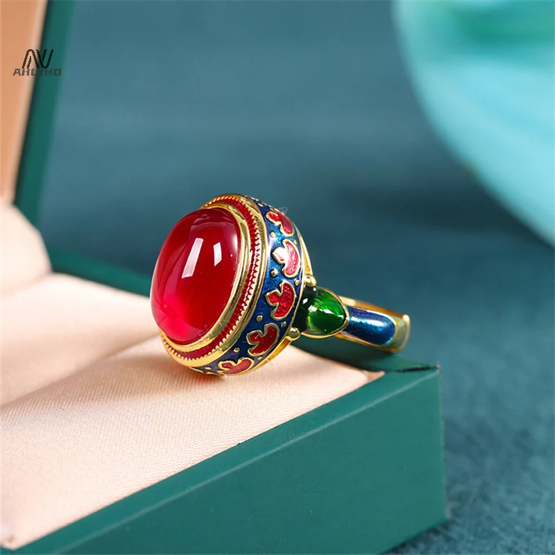 Ancient Gold Craftsmanship Natural Carnelian Rings For Women Flower Enamel National Style Light Luxury Wedding Jewelry Gift