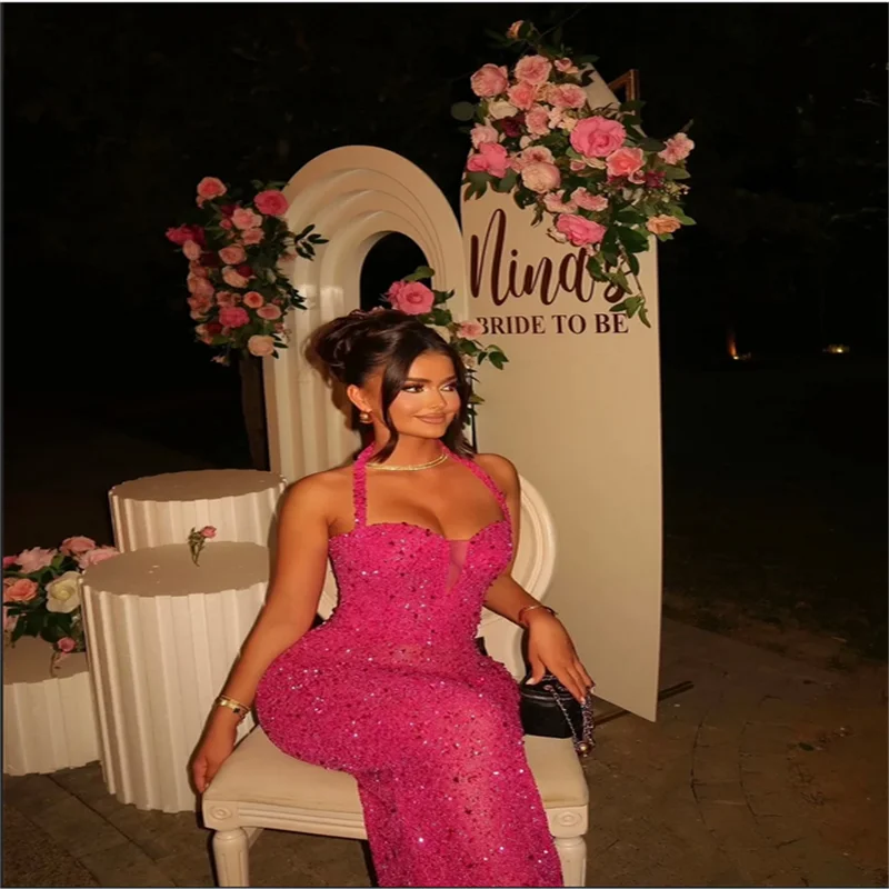 Robes de soirée sirène personnalisées, col licou, paillettes brillantes, perles, sans manches, longueur au sol, robe de bal, 2026 ﻿