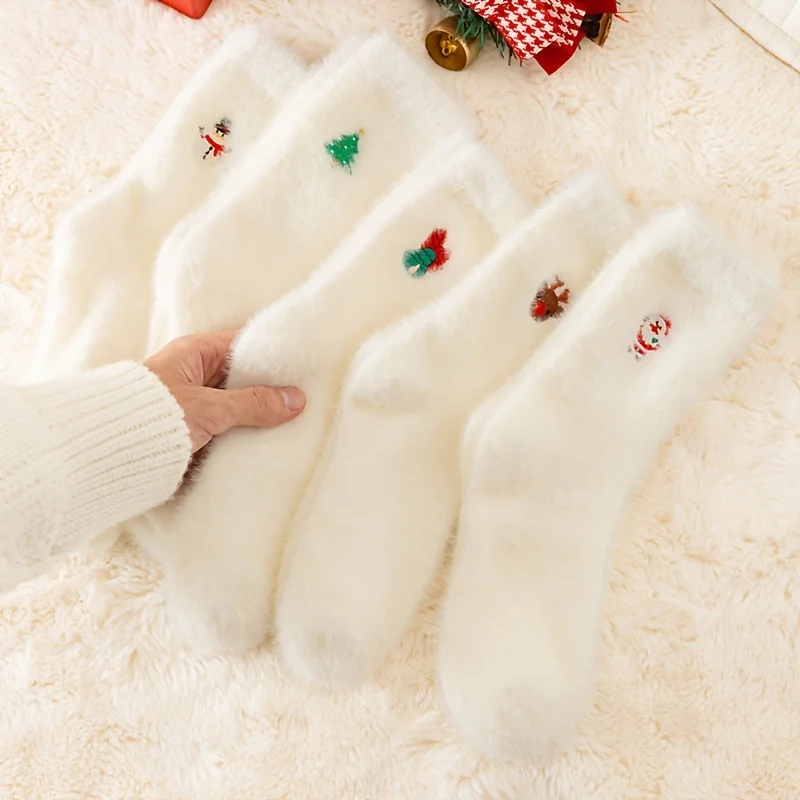 5-pecas-meias-de-natal-de-pelucia-branca-aconchegantes-para-adolescentes-grossas-e-quentes-com-designs-festivos-–-mistura-de-poliester-elastano-macio-para-piso-de-inverno