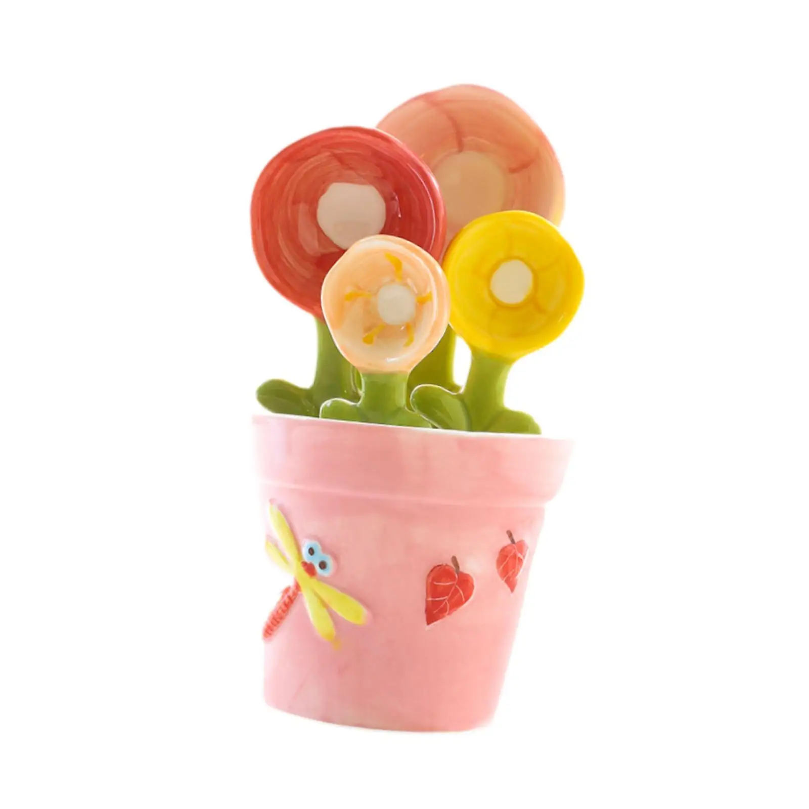 4 Pieces Kitchen Utensils with Holder Cup Household with Base Fun Ceramic Measuring Cups Set Flower Spoon Set Desktop Decoration