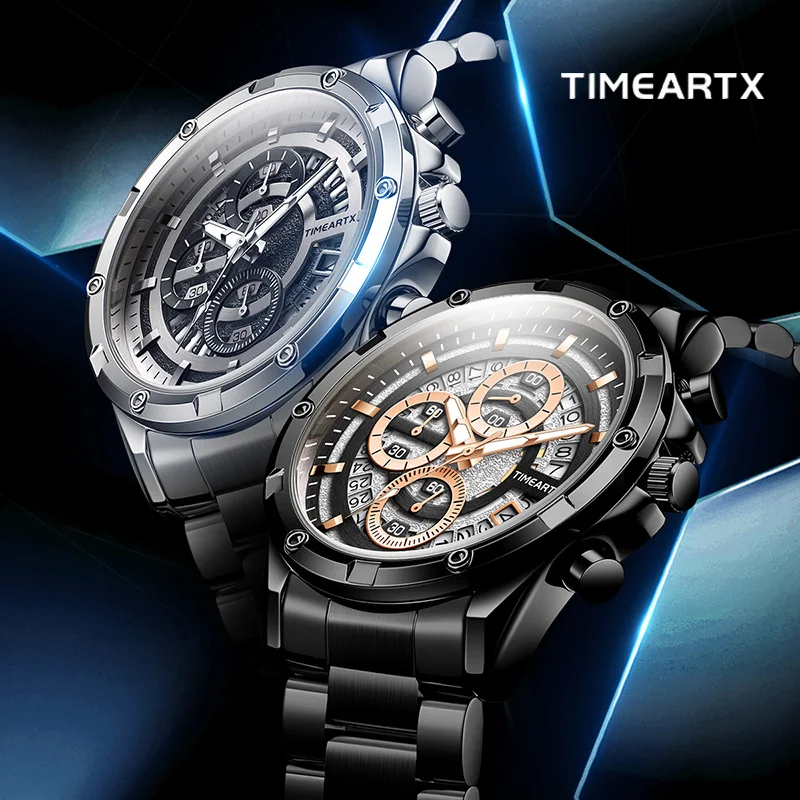 Timeartx 5430 جودة الأزياء الفولاذ المقاوم للصدأ للماء كوارتز ساعة المعصم رجل الصلب الفرقة مقياس رقمي ثلاثة العين ووتش #1