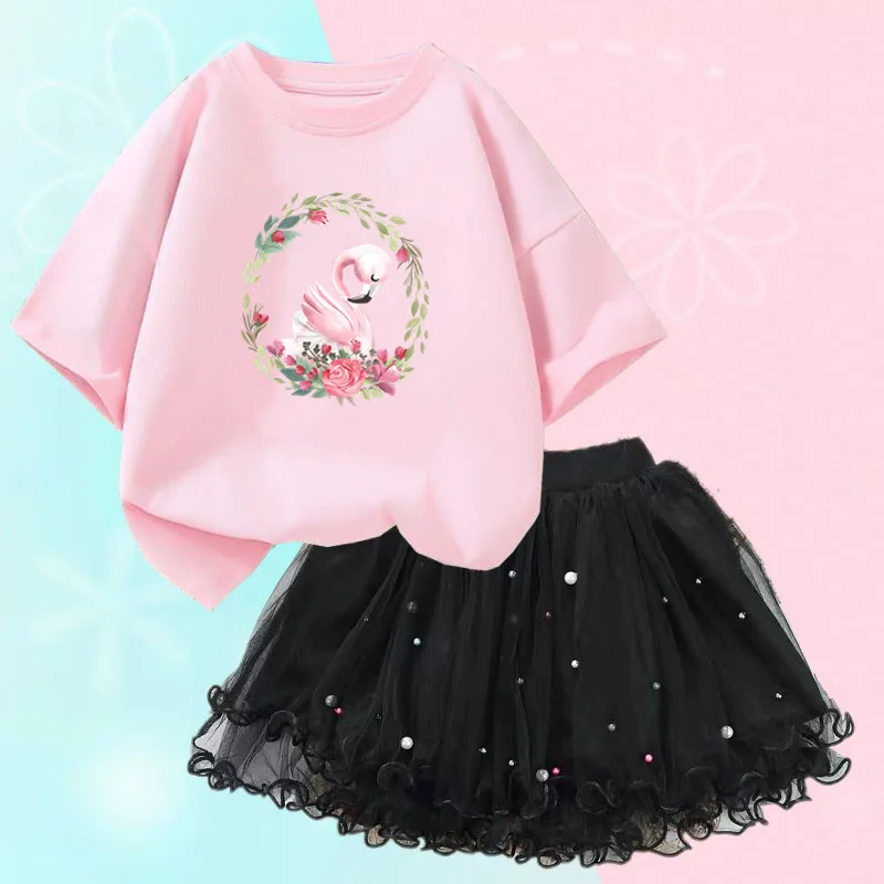Letnie ubrania dla dzieci kwiat Flamingo T Shirt & tutu spódnica z siatki dwuczęściowe ładne koreańskie ubrania dla małych dziewczynek zestaw modne stroje