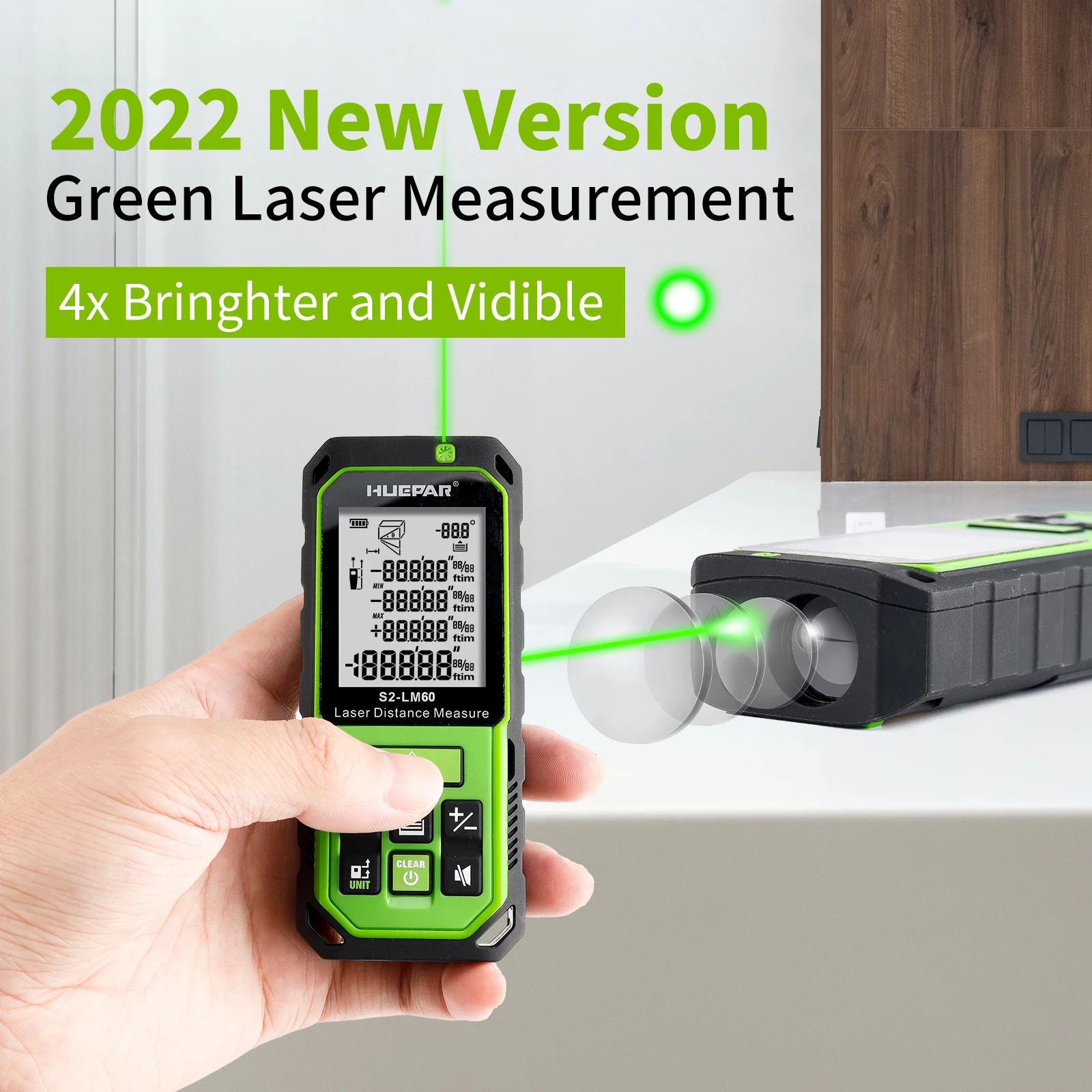 Huepar Laser Rangefinder Green Beem Laser Distance Measure with Angle Sensor LCD Digital Tape Measure 60M/100M/120m