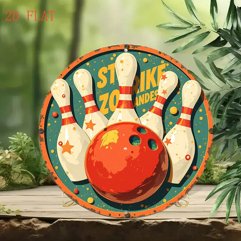 Bowling Ball and Pins with Stars and Strikes Vintage Style Design Round Aluminum Wall Round Sign | 1pc, Holiday Gifts 2D Flat