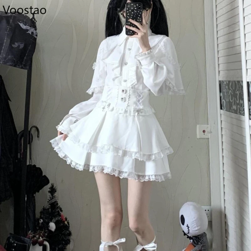 Japanse Gothic Lolita Stijl Rok Set Vrouwen Y2k Esthetische Kant Sjaal Boog Shirt Tops Ruches Mini Rok Herfst Zoete Lolita Pak