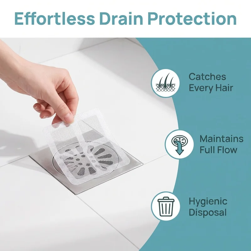 100 Piece Pack Drain filter sticker for floor drain Grid pattern dense mesh Intercepts residue to prevent clogging Kitchen sink