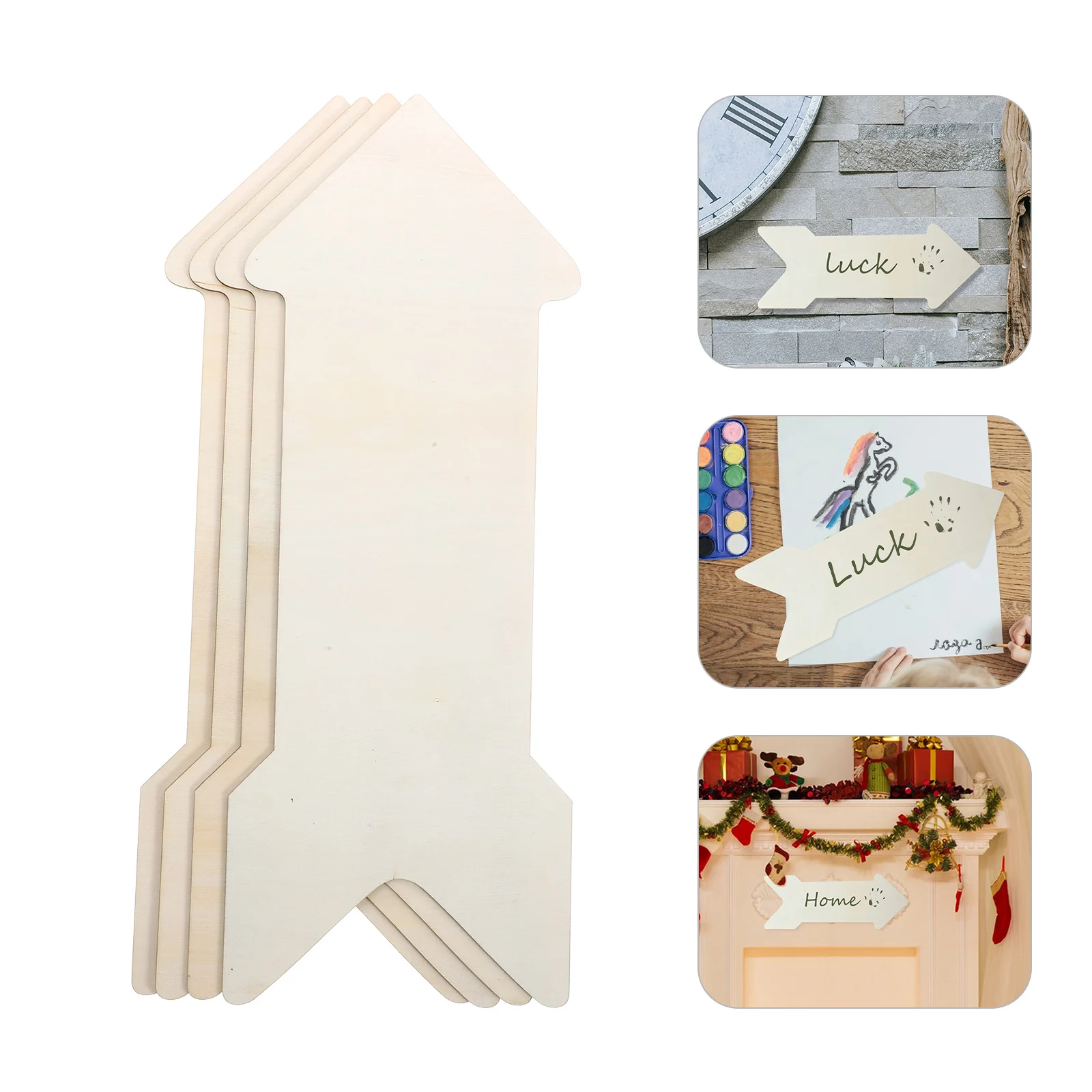 4 Pcs Wooden Arrow Ornaments Craft Cut Out Chip Board Sign Blank Unfinished Slices Plywood Office