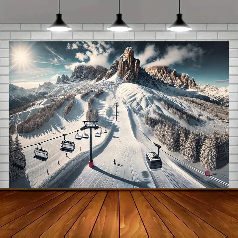 Realistic Snowy Alpine Mountain Ski Resort Landscape Wall Tapestry Large Photo Print Canvas Wall Hanging Winter Decor Art