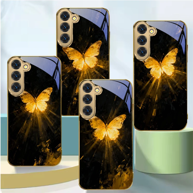Mysterious Butterfly Suitable For Samsung Galaxy S26 S20 FE S21Plus S22 23 Plus S24 Ultra S25 S21+ S9 Golden glass phone case