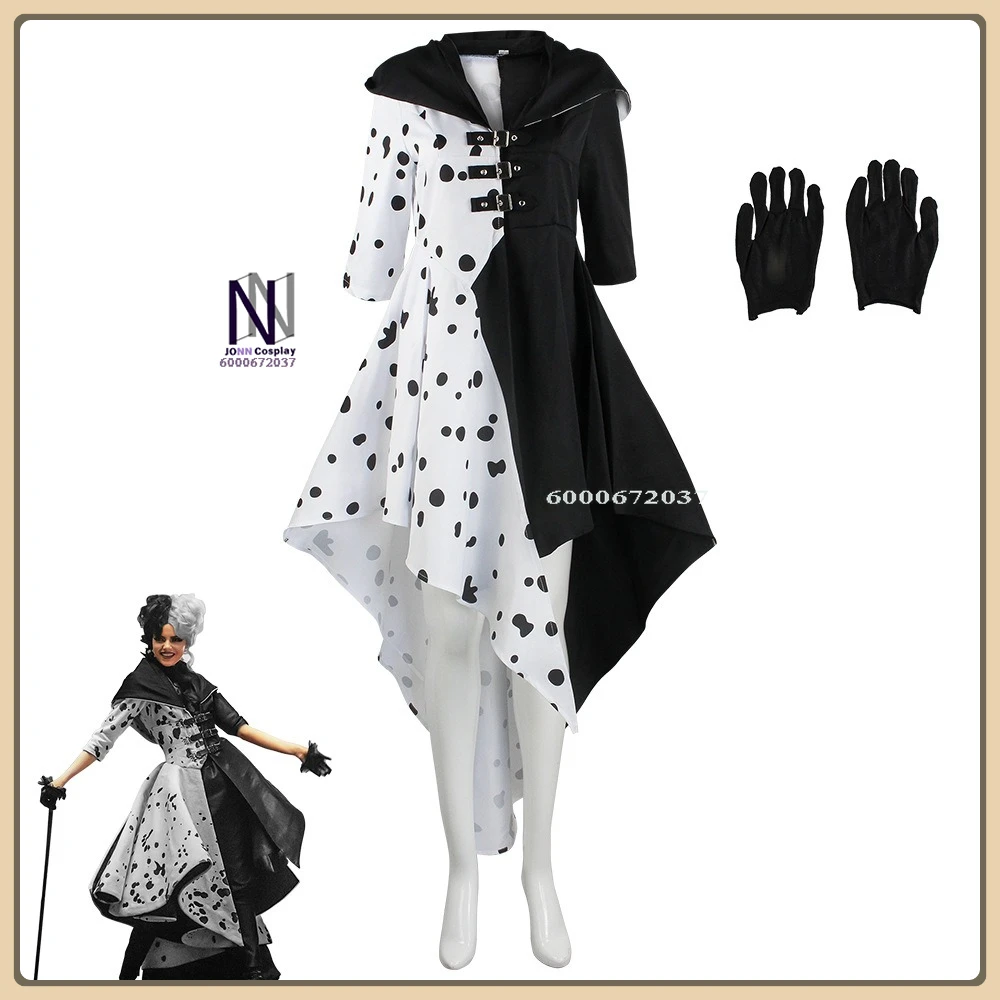 

Cruella de Vil Cosplay Costume Black White Spotted Dress Full Set High Quality Comic Con/Stage/Halloween Anime Clothes (Female)