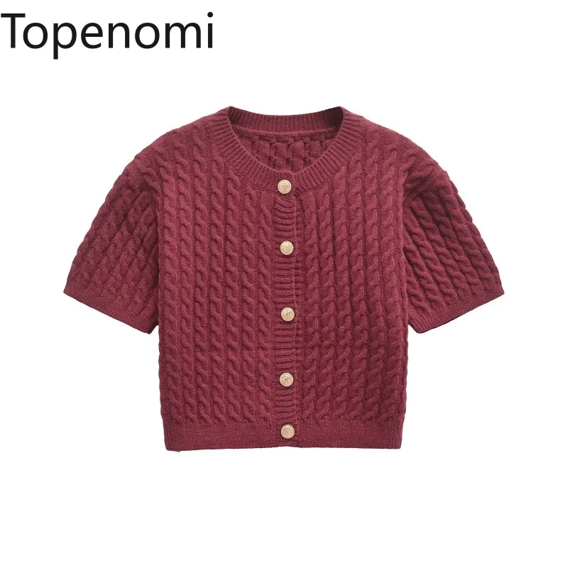 Topenomi Twists Knitted Cardigan Women O Neck Metal Button Short Sleeve Sweater 2024 New Vintage Slim Versatile Crop Top Jumper