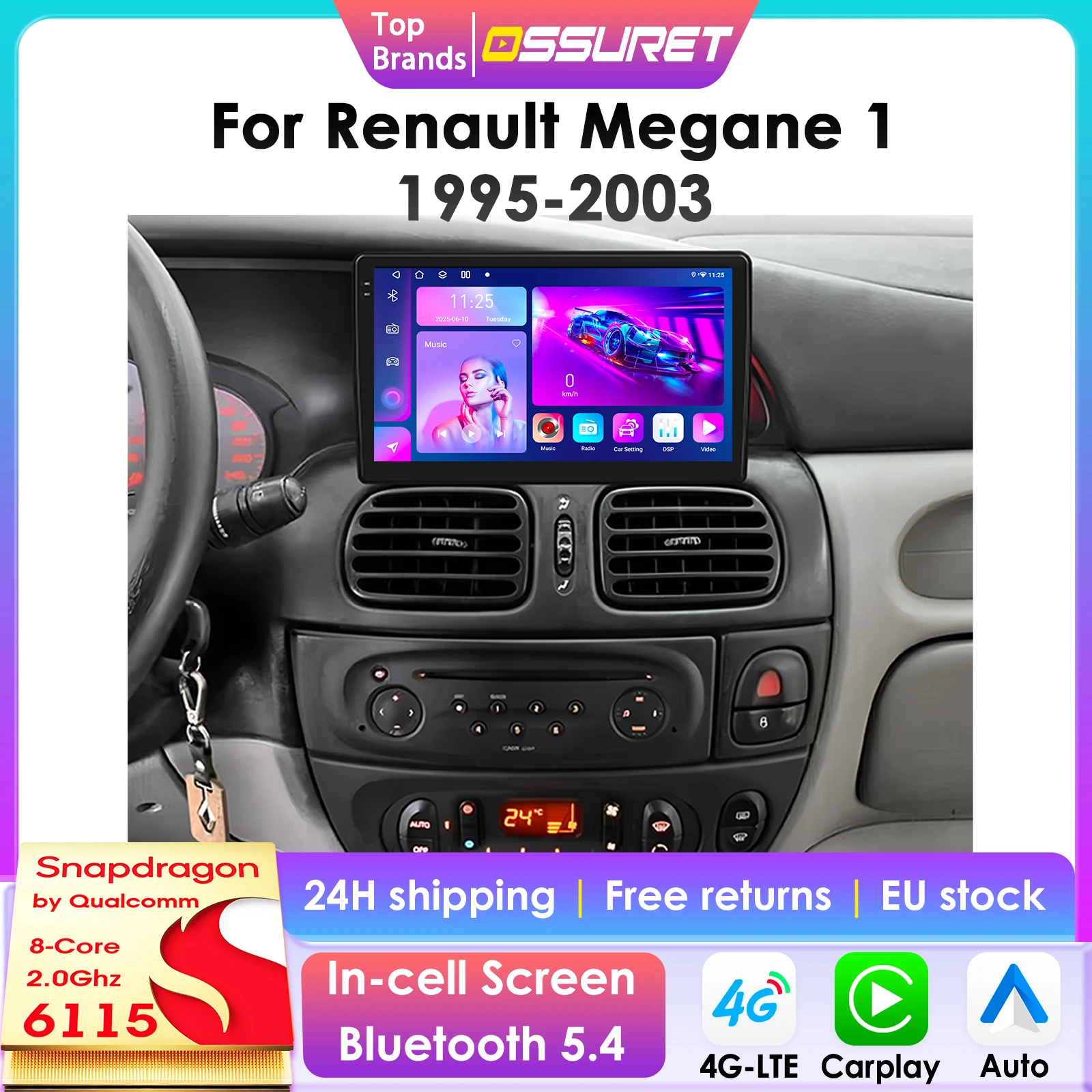 2Din 360Cam Android 14 Autoradio für Renault Megane 1 1995-2003 Auto-Multimedia-Player Intelligenter Bildschirm Autoradio Carplay 6115