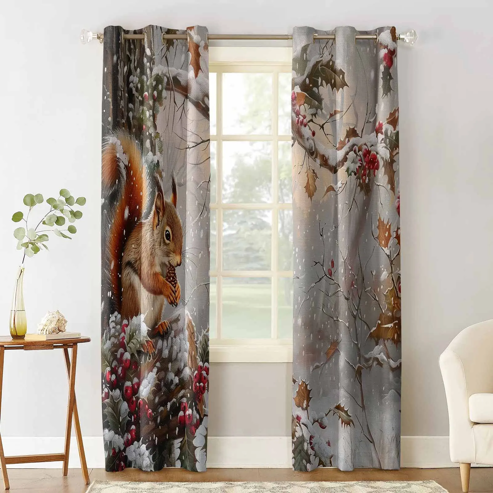 Christmas Squirrel Snowflake Pine Tree Blackout Curtains For Living Room Bedroom Window Treatment Blinds Drapes