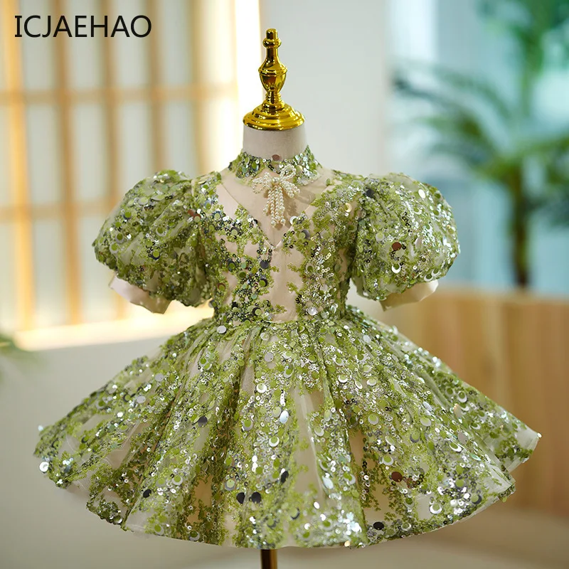 

ICJAEHAO Little Girls Party Birthday Short Gowns Formal Occasion Dress Luxury Evening Weddings Kids Pageant Clothes Sequin