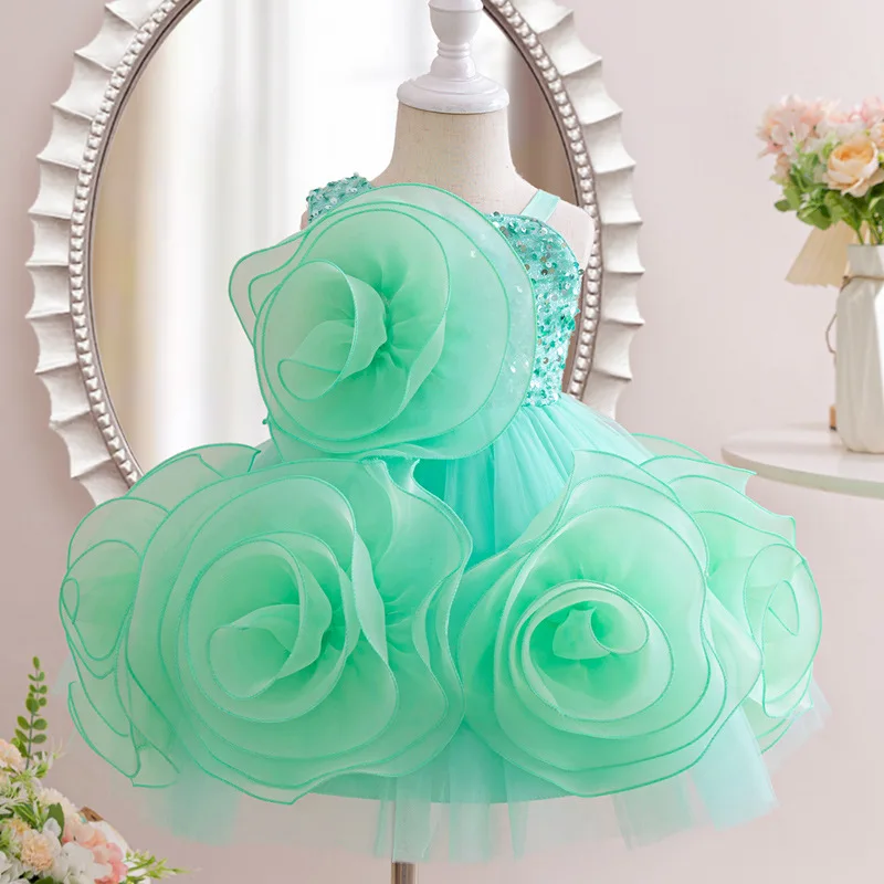 

Summer New Children's One Year Old Big Flower Sequin Princess Dress Girls' Birthday Flower Girl Wedding Dress