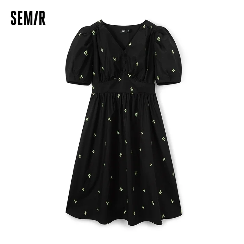 

Semir Dress Women Bubble Sleeve V-Neck Waist Wrapped 2023 Summer New Heavy Industry Embroidered Dress For Woman