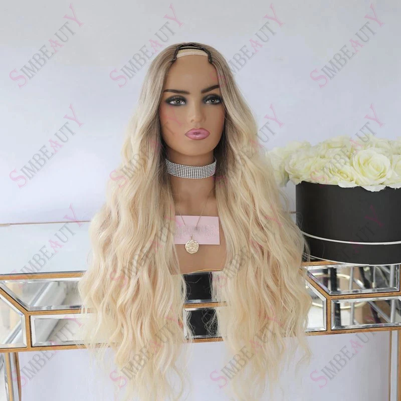 Ombre Platinum Blonde Rose Wavy U Part Wigs 1x4 Middle Open Human Hair Wig For Women Brazilian Remy 200density Full Machine Made