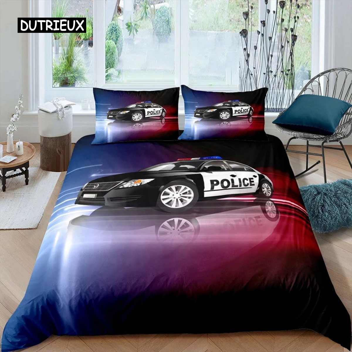 

Police Car Duvet Cover Cartoon Car Police Lights Bedding Set Kids Boys Blue Grey Emergency Responder Vehicles Polyester Decor