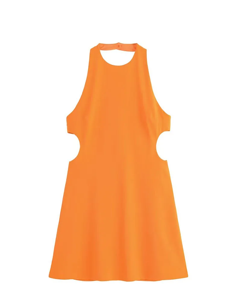HH Vrouwen Zomer Nieuwe Mode Sexy Open-On Ontwerp Halter Hals Mouwloze Jurk Vrouwelijke Elegante Backless Slanke Mini A-lijn Jurk
