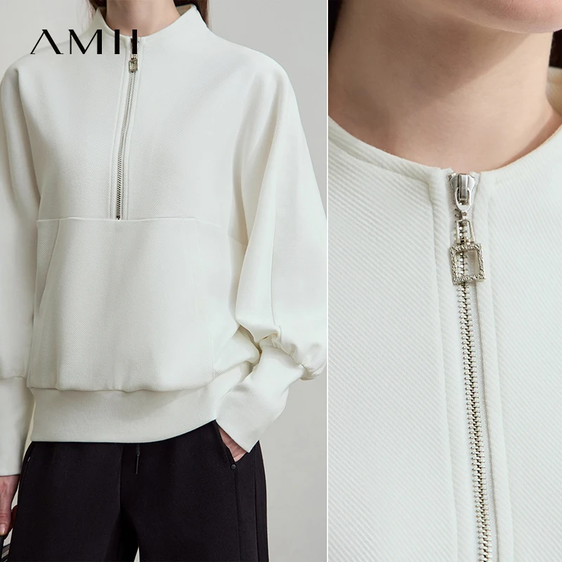 AMII المرأة هوديي عادية القطن فضفاض الوقوف طوق Batwing كم بلوزات للنساء 2025 الخريف كم طويل بلايز 12543116 #4