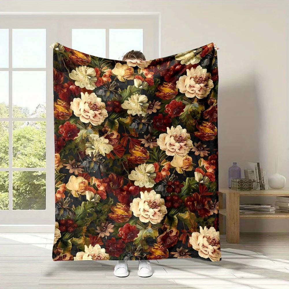 [Reversible Floral Blanket] 1pc Reversible Floral Print Flannel Throw Blanket - Contemporary, All-Season Cozy Polyester Fleece,