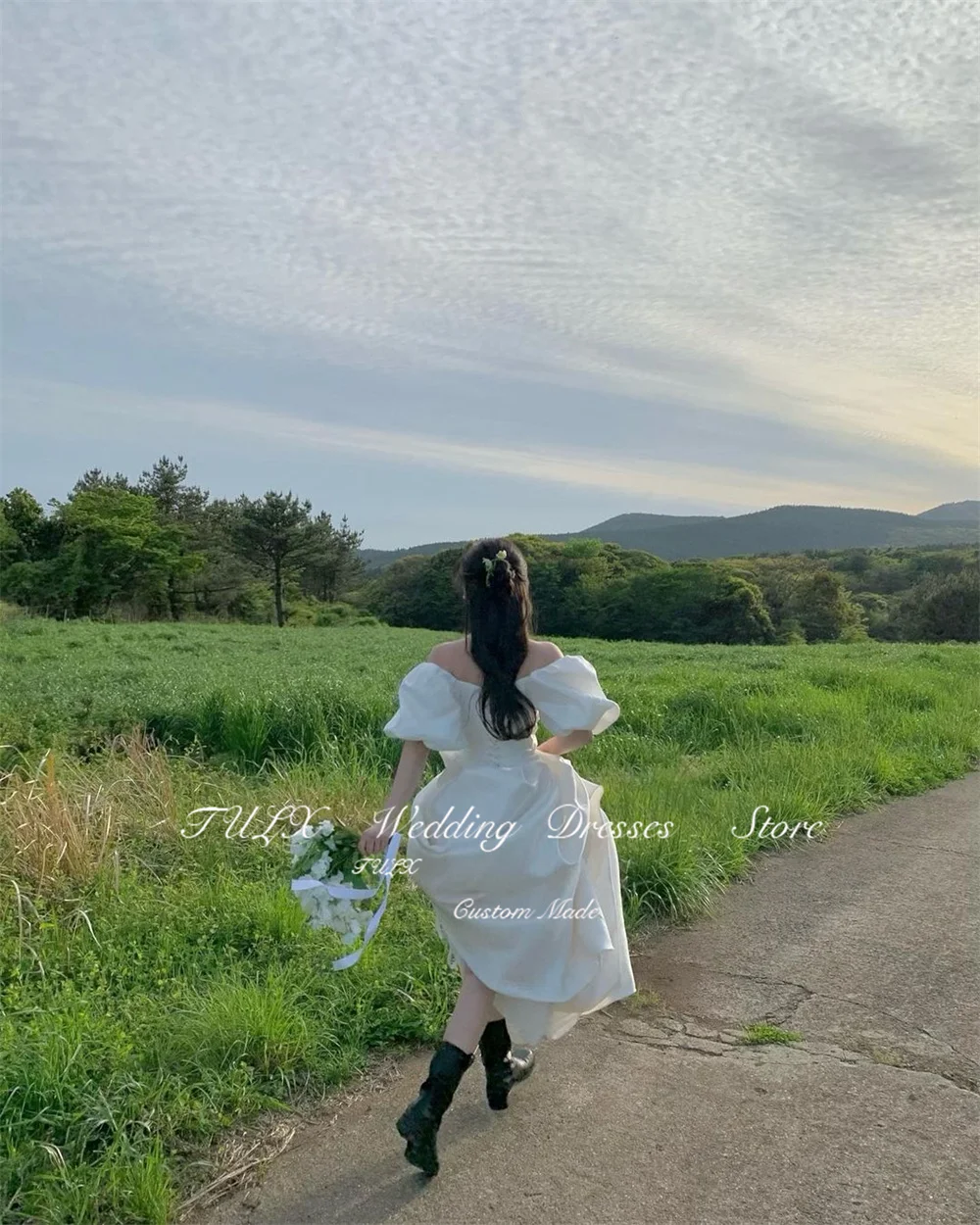 TULX Corea jardín sesión de fotos con cuello en V manga abombada vestidos de Boda de Princesa satén elegante vestido de novia largo corsé Dende Personalizzato