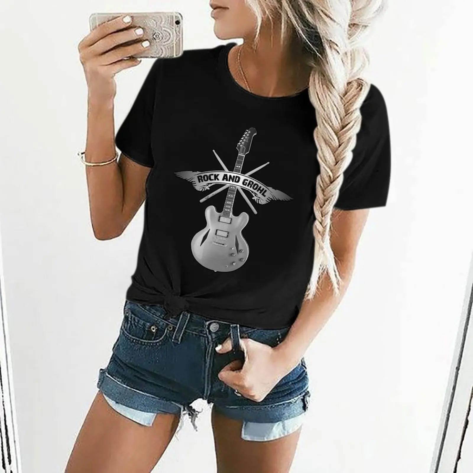 ROCK and GROHL-baqueta y guitarra, diseño ORIGINAL, impresionante Camiseta estampada para mujer, camisetas occidentales