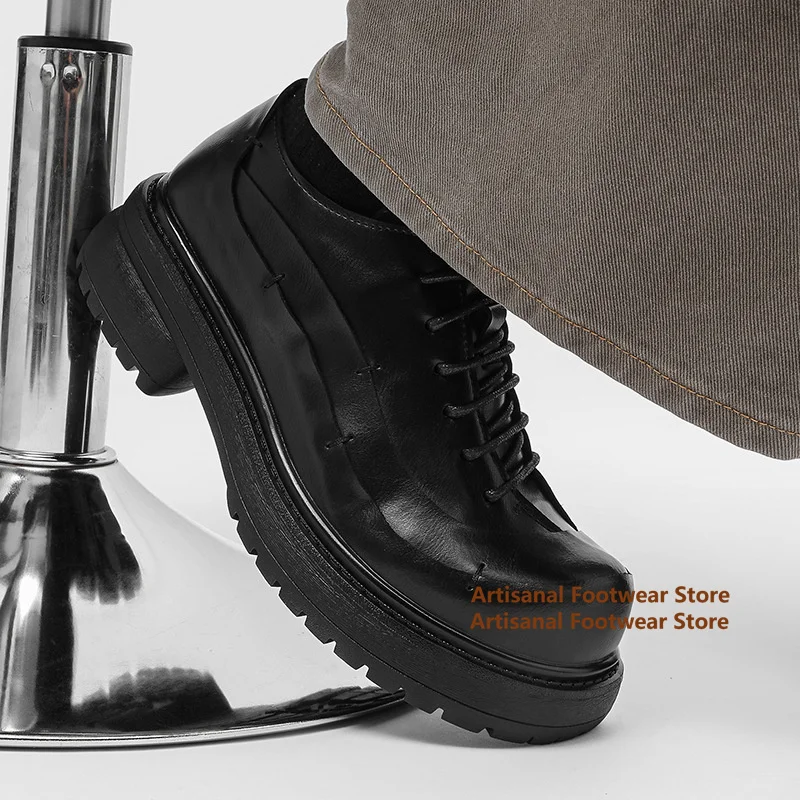 Black Leather Lace-Up Derby Shoes Chunky Sole Height Increasing Leather Casual Shoes 2025 New In Runway Thick Soled Men's Shoes