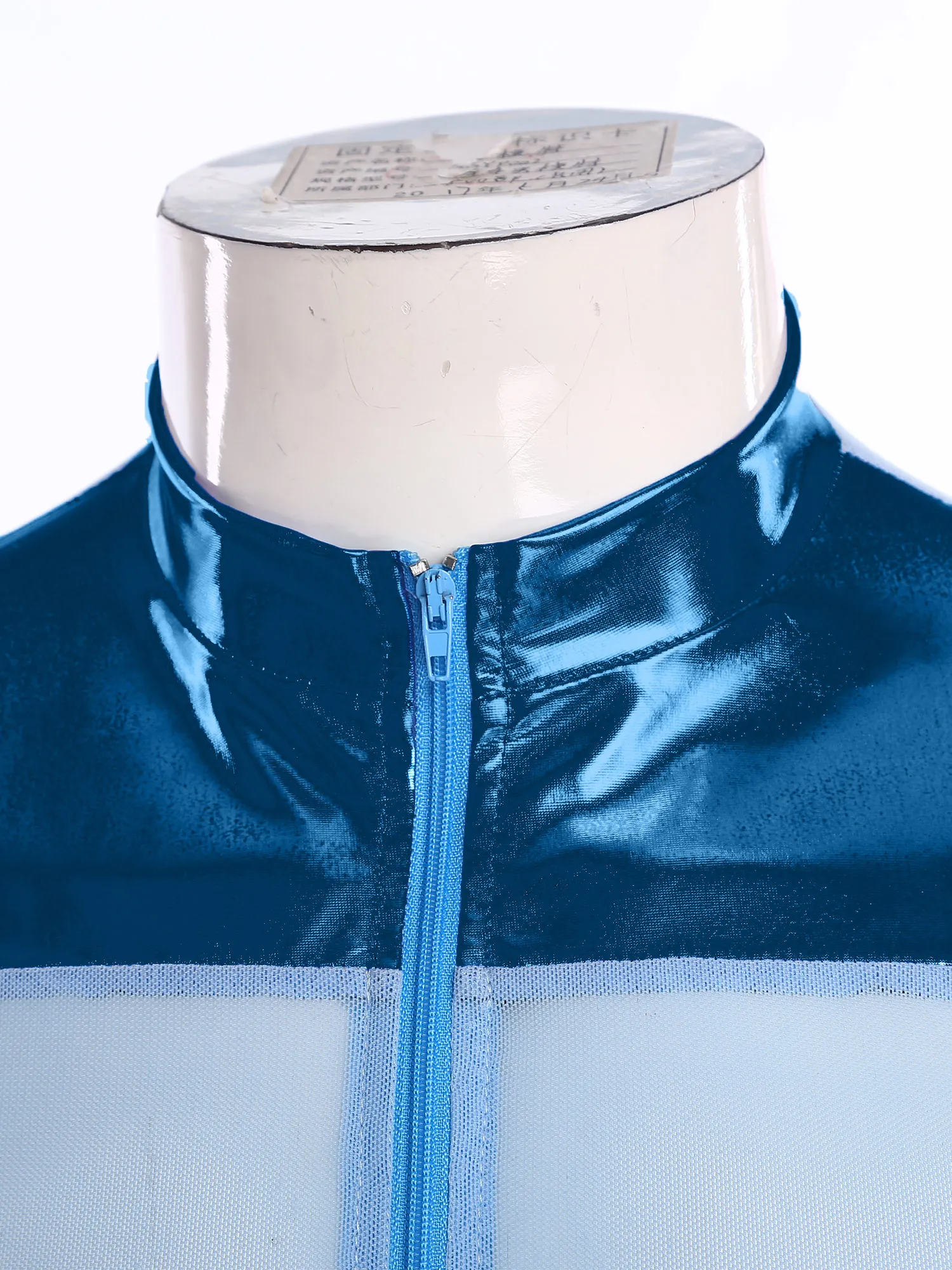 

Men Crew Neck Long Sleeves Front Zipper Half Tops Breathable See Through Mesh Tops Shiny Metallic Glitter Top Club Wear