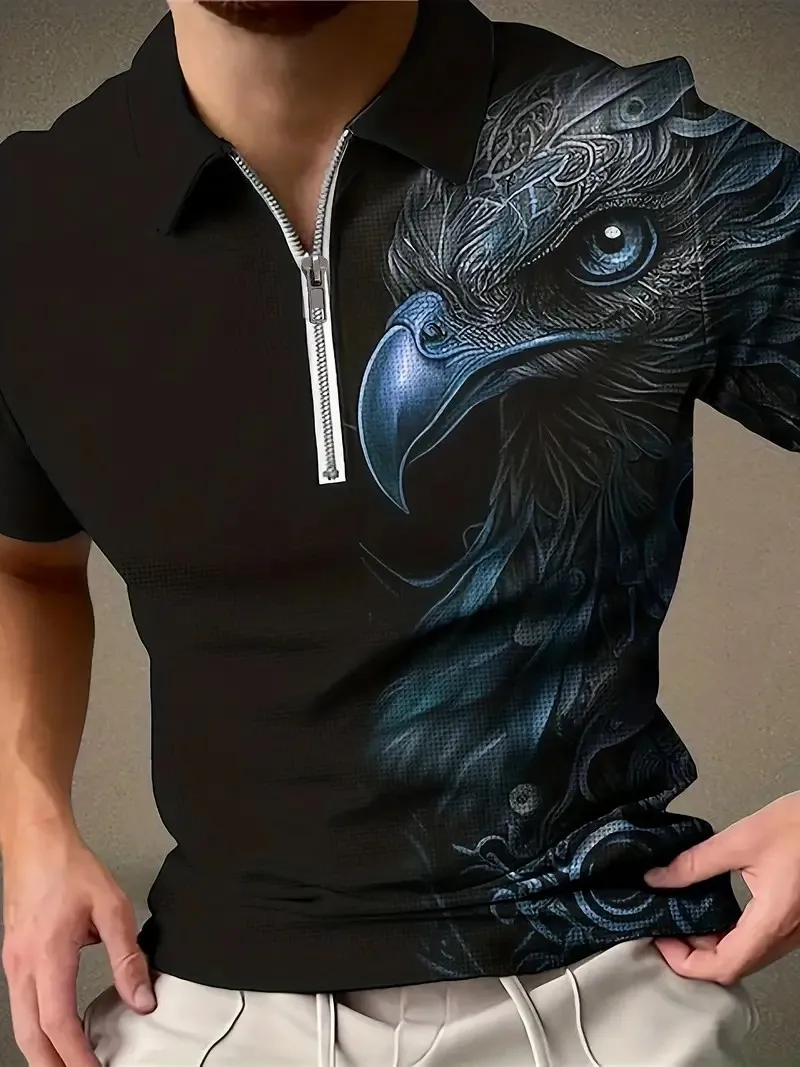 Best Selling Men's Business Polo Short Sleeve Summer Short Sleeve Realistic Eagle 3D Print Street Casual Zip Top Mens Tops