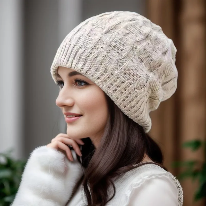 Womens Knitted Beanie Hat Slouchy Textured Cuff Thermal Ear Warmer Winter Outdoor Activities Cap