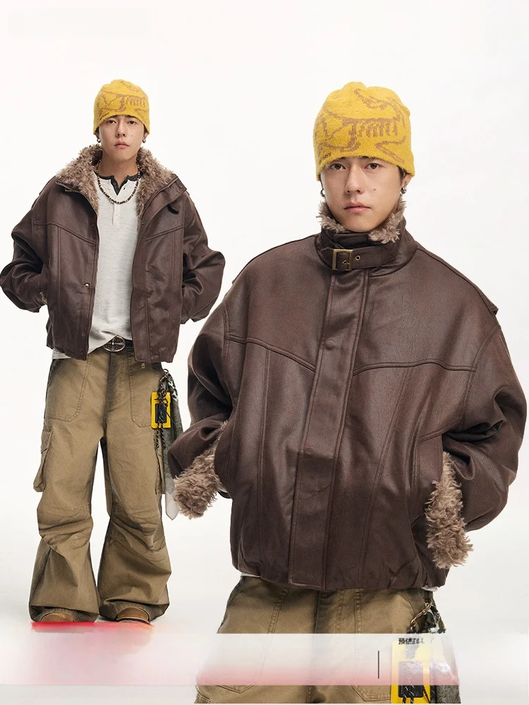 

CoosRetro Men's Retro American Sle Thiened Suede Cotton Jaet Warm Fur Collar Patchwork Winter Coat Faion Urban Youth