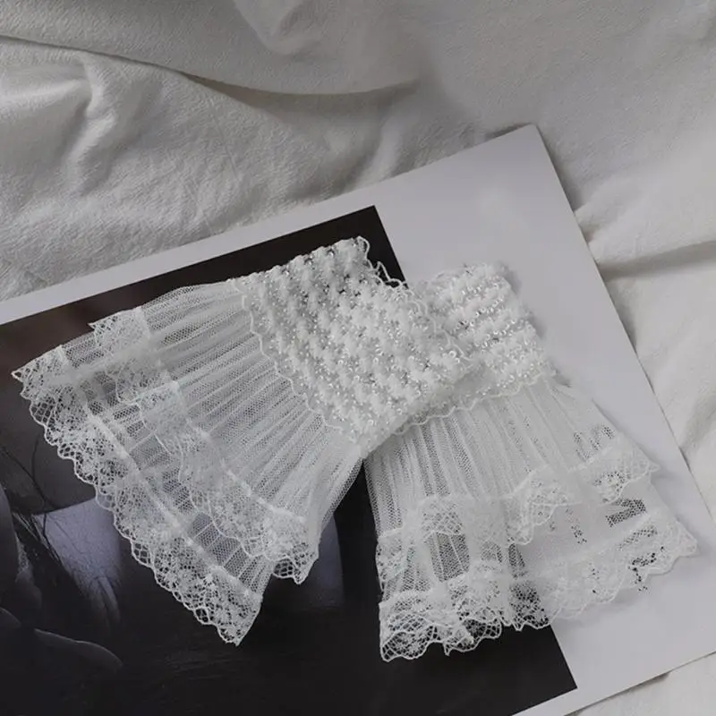 R1WE Decorated Cuffs Fake Sleeve for Wedding Dress Wild Decorative Lace Sleeves Flounces Wrist Sleeves Pleated Wrist Cuffs