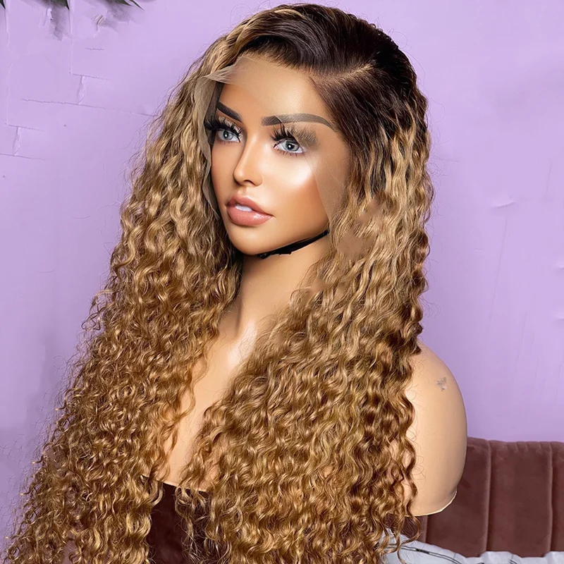 

Natural Hairline Ombre Honey Blonde Soft Preplucked Glueless 180Density Long Kinky Curly Lace Front Wig For Women BabyHair Daily