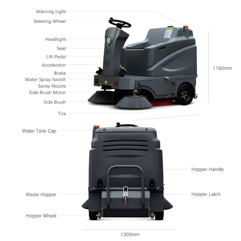 Industrial Ride-on Manual Sweeper Spraying Factory Workshop Park Road Garbage Cleaning Vehicle 80L Hopper Vacuum