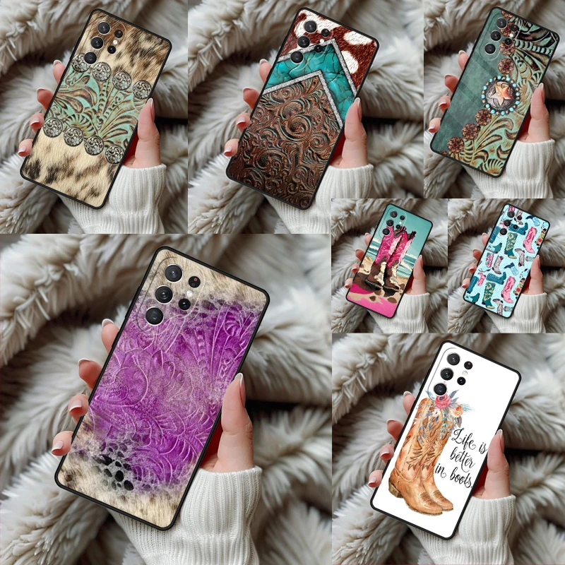 Western Cowgirl Cowboy Boots Cowhide Phone Case For Samsung Galaxy S24 S25 S26 Ultra S22 S23 Plus S21 S20 FE Note10 TPU Cover