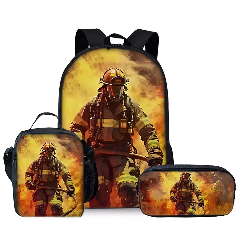 Trendy Popular Novelty firefighter 3D Print 3pcs/Set Student School Bags Laptop Daypack Backpack Crossbody Lunch bag Pencil Case