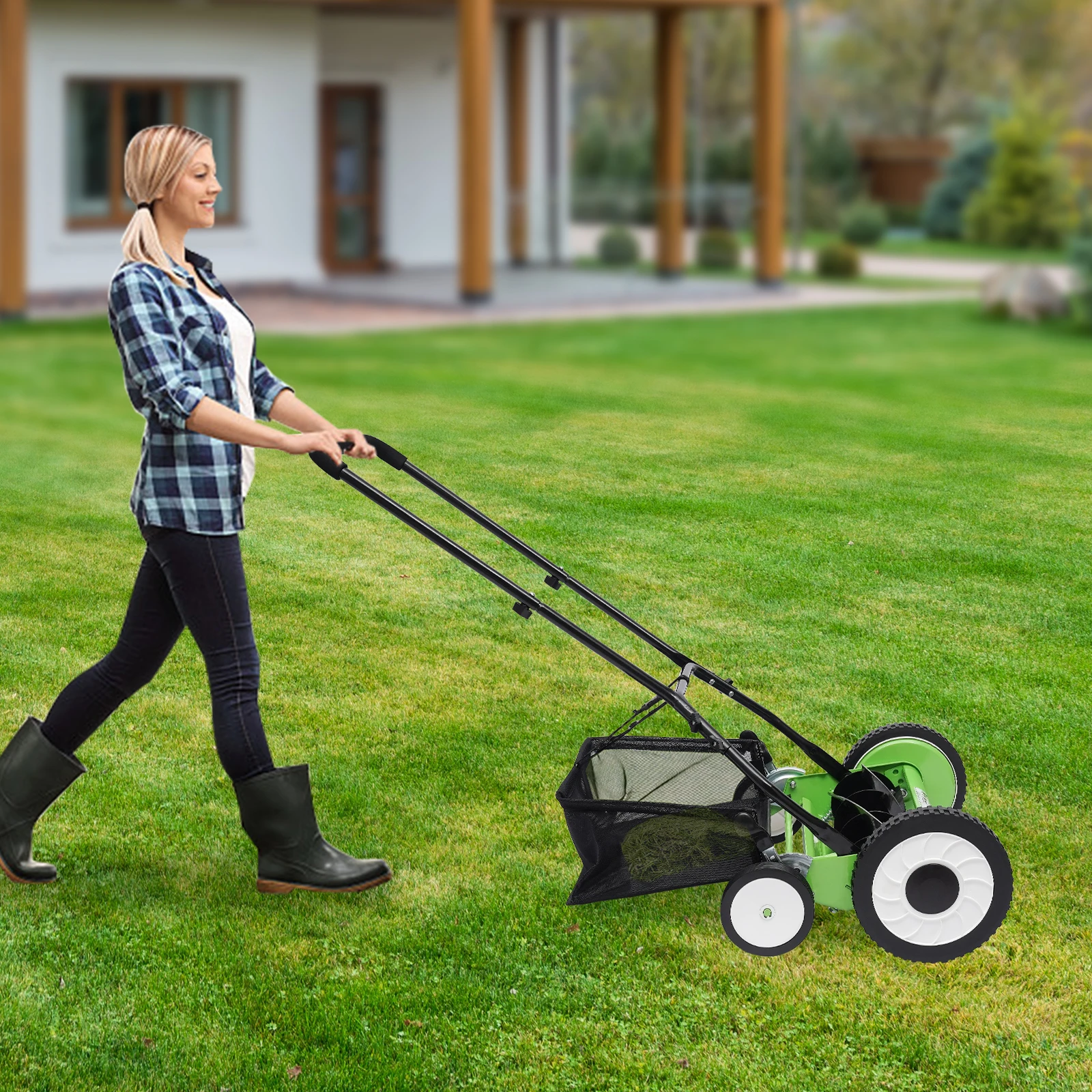 

16-Inch 5-Blade Cordless Manual Reel Lawn Mower, Adjustable Cutting