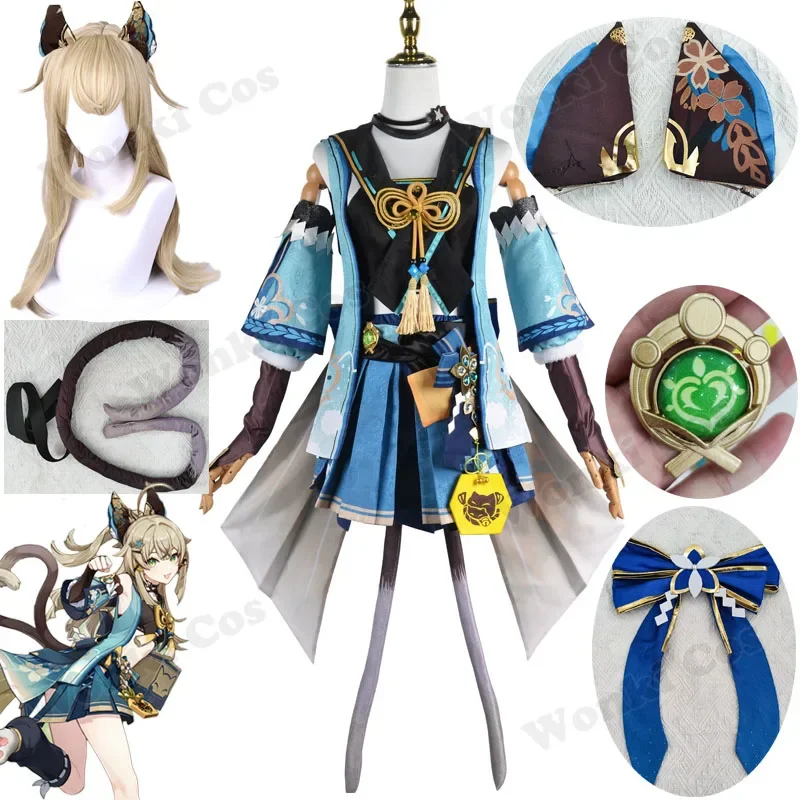 Genshin impatto kikara costume cosplay parrucca donna Genshin Inazuma Neko ragazza kikara set completo coprigambe copricapo