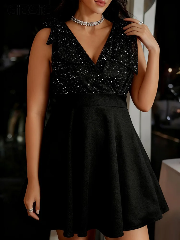GIBSIE Plus Size Shoulder Bow Sequin Mesh Splicing A-Line Dress Women Solid Color V-Neck Sleeveless Elegant Party Short Dresses