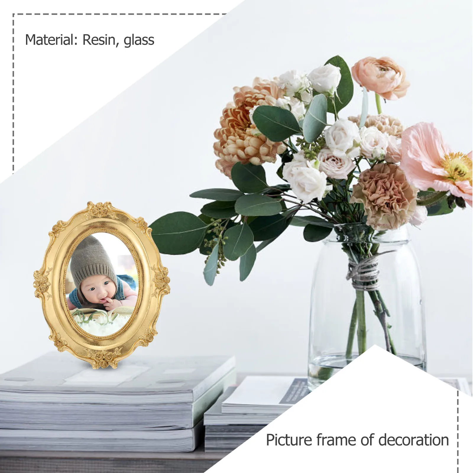 

1pcs Vintage Golden Resin Photo Frame Desktop Ornament Wall Decor Creative Picture Holder Home Decoration Retro Oval Frame