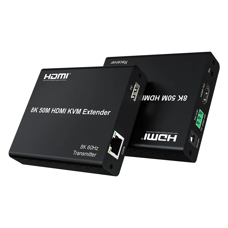 8K 60HZ HDMI KVM Extender Video Transmitter and Receiver By 50m Rj45 CAT6 Ethernet Cable Support HDR10 RS232 USB Keyboard Mouse
