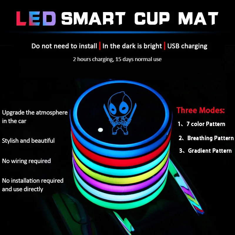 2pcs Deadpool Colorful LED Car Coaster Light Luminous Water Cup Mat for Audi BMW Mercedes Benz Subaru Mazda Skoda Suzuki SAAB - view 4