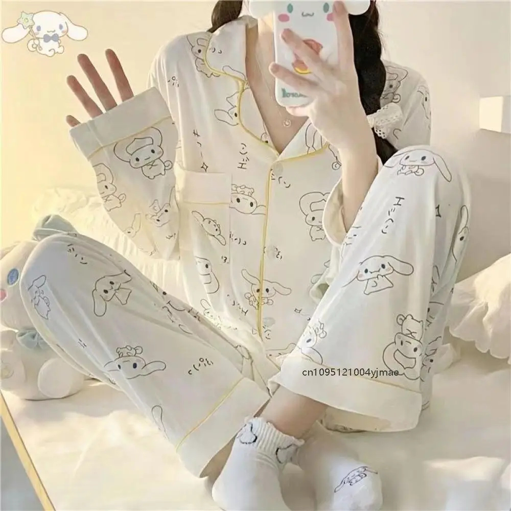 2 Stuks Anime Sanrio Vrouw Pyjama Set Hello Kitty Kuromi Kawaii Cartoon Losse Nachtkleding Pyjama Sets Meisje Lange Mouwen Homewear