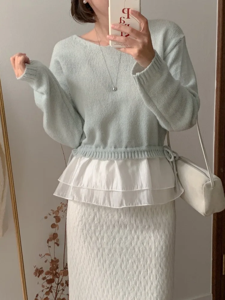 

Color Blo Loose Women's Knitwear with Dstring Waist Cord Sweet Sle Cotton Long Sve V-Ne Sweater with Pleated