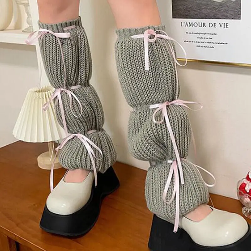 JK Lolita Harajuku Leg Warmers Women Bubble Lantern Lace-up Stockings Leg Cover Gothic Y2K Style Crochet Wool Knitted Long Socks