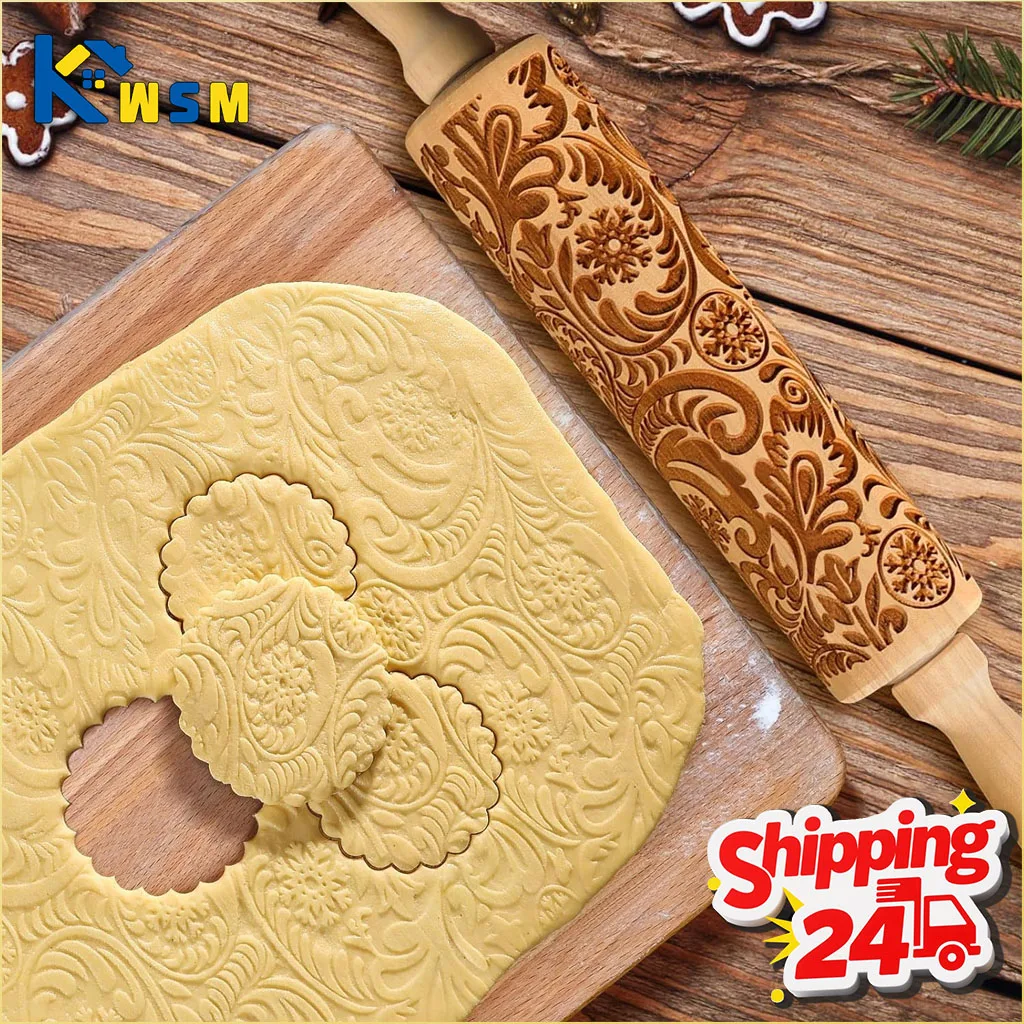 Weihnachtsgeprägte Nudelholz aus Holz mit Schneeflockenmuster zum Backen im Urlaub, perfekt für Kekse, Küchenwerkzeug für Erwachsene und Kinder