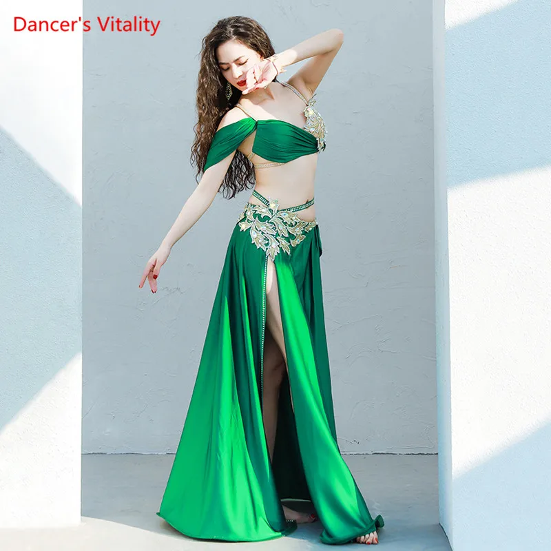 Belly Dance Suit Diamond-Studded Sling Bra Split Big Swing Skirt Performance Clothes Set Oriental Dancing Competition Clothing