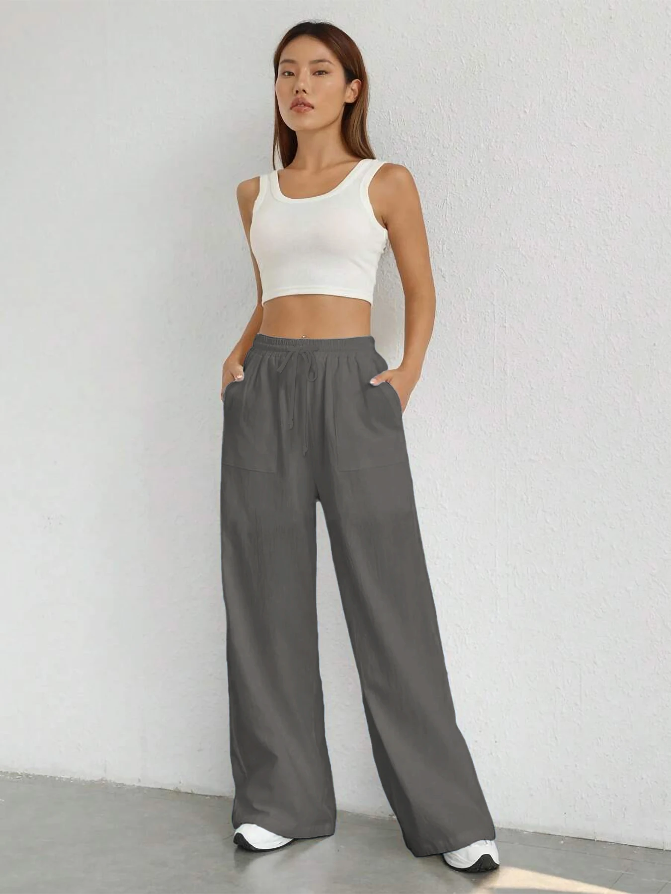 Damen-Hose in Unifarbe, lockere Hose mit weitem Bein, lässige Hose mit Kordelzug, gerade Hose mit Taschen, lässige Hose, lockere Hose mit hoher Taille – Detail 20