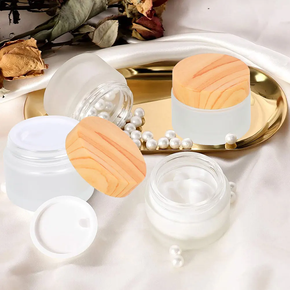 

12pcs Cream Wood Grain Lid Glass Container Household Travel Multi-function Lotion Storage Sub Jar Durable Leak-proof